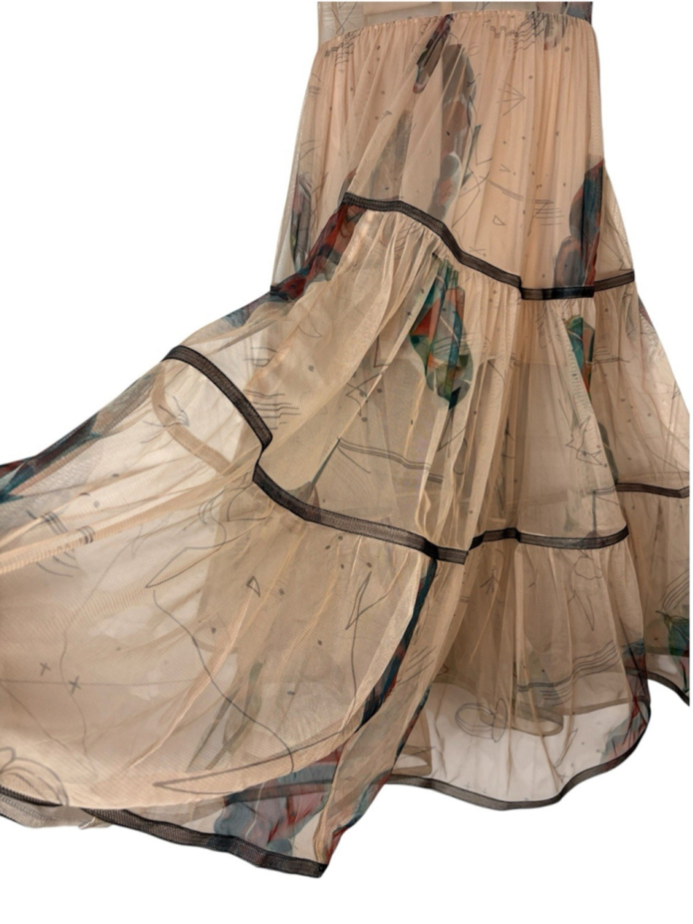 RARE Gauri & Nainika x KOOVS Dress Beige Mesh Tiered Maxi Gown Cutout Print XL - Picture 7 of 12